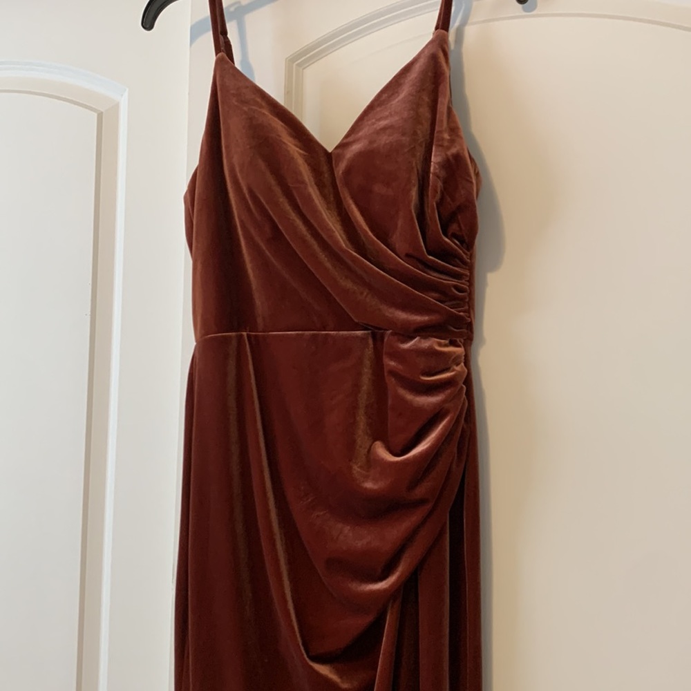 Revelry Rory Terracotta velvet bridesmaid dress